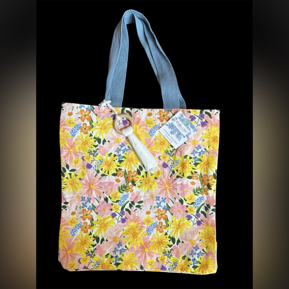 Shabby Chic NWT Canvas Tote Bag Floral Print‎ 15x15x6 w/ Tassel Cotton